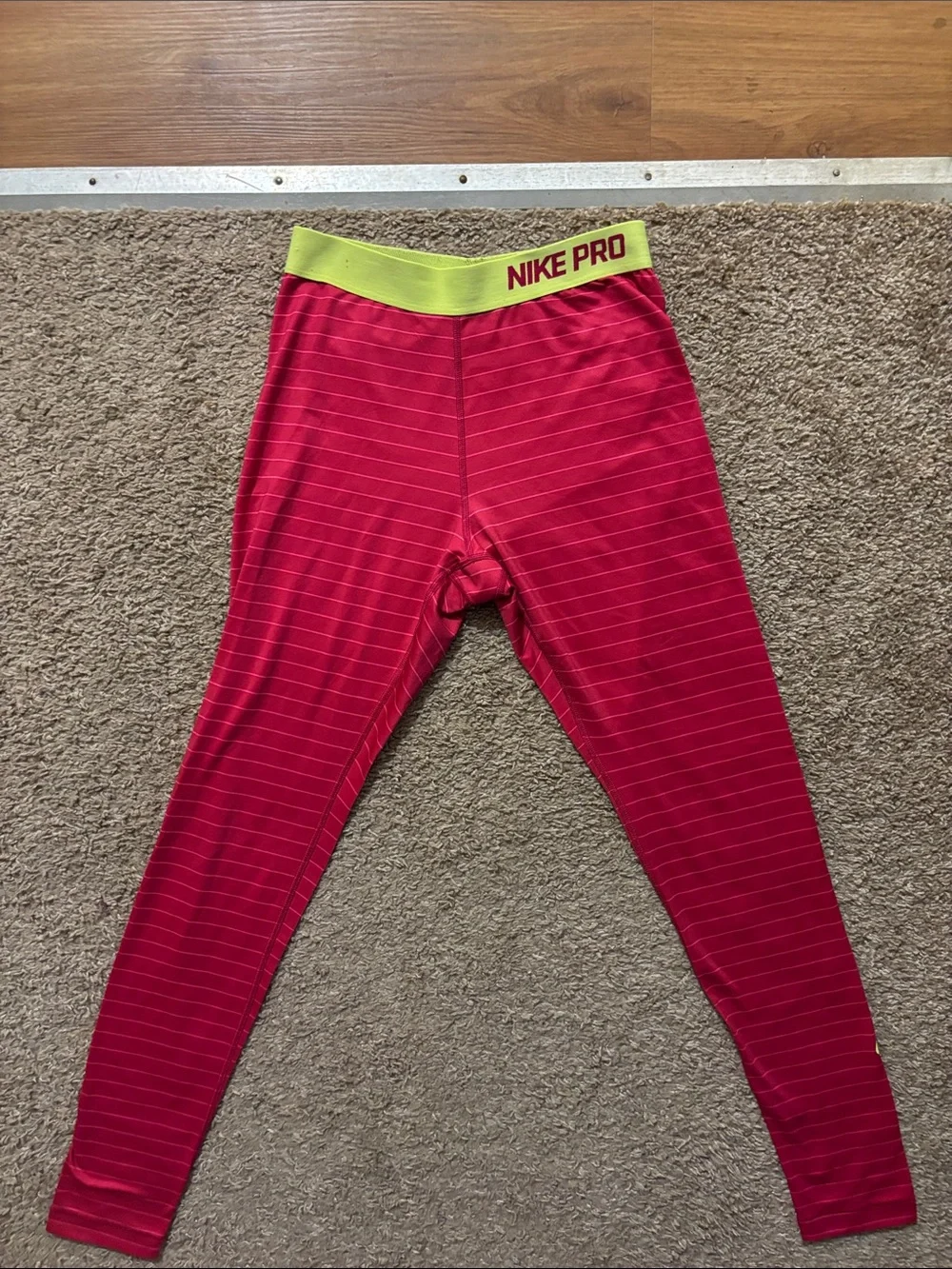 Nike Pro Dri-Fit Womans Md Pink Stripe Compression Tights with Lime Waistband